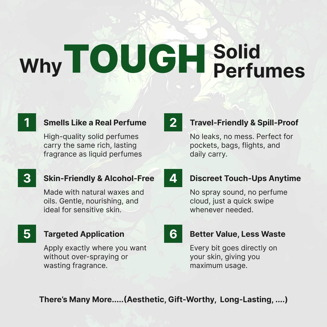 Ferocious tough solid perfume tin with a panther design in a forest setting