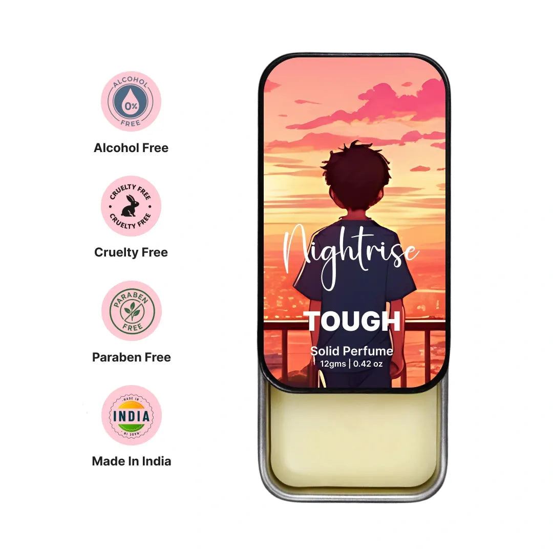 Tough solid perfume packaging with evening design and branding details on a white background