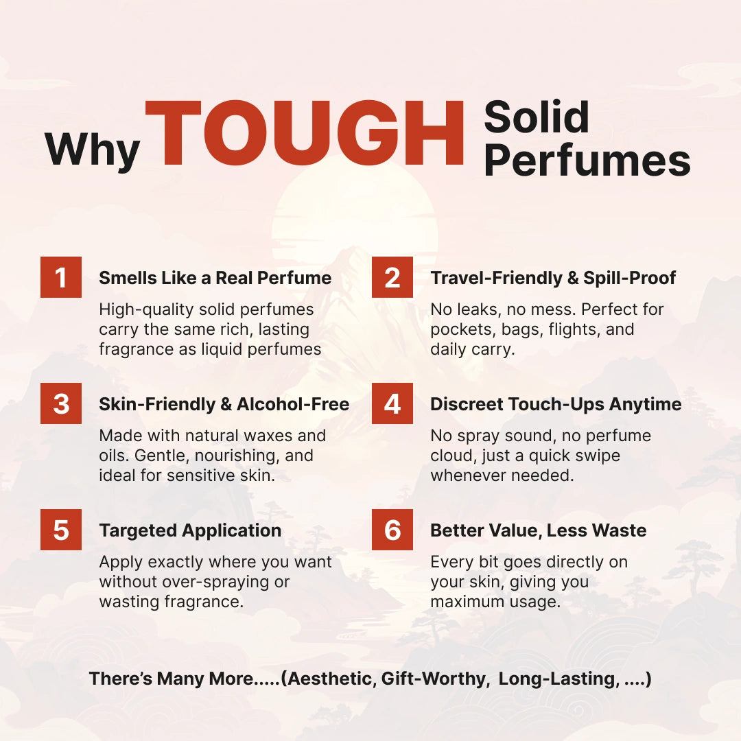 Redgold Tough Solid perfume tin with mountain and sunset design on a red background