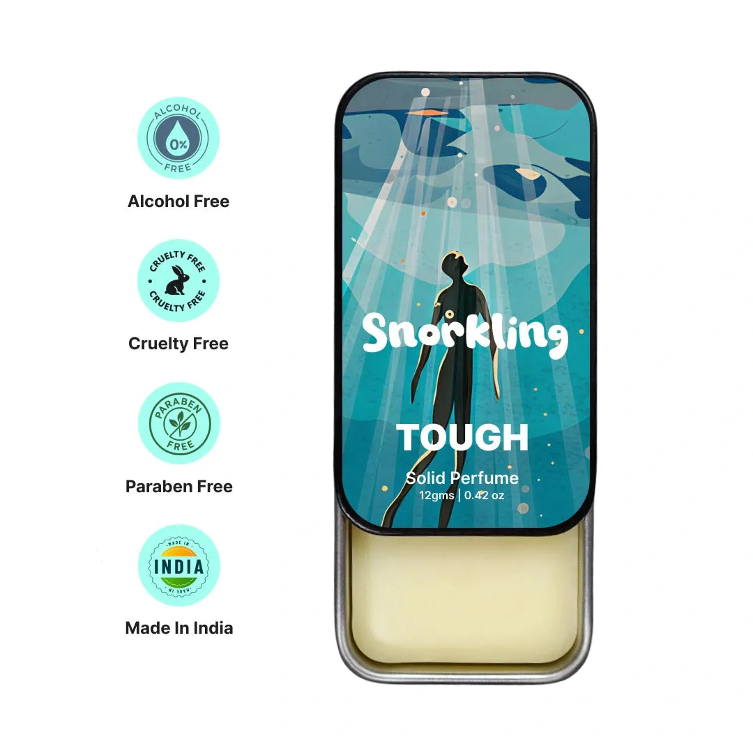 Tough solid perfume packaging tin with branding and product details on a white background