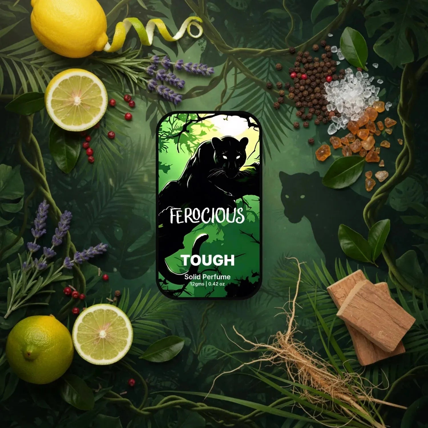 ferocious tough solid perfume tin with panther design surrounded by lemons, lavender, and other natural elements on a dark green background.