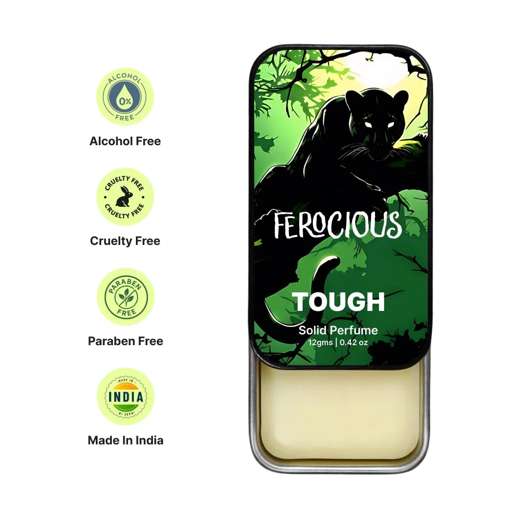 Tough solid perfume tin with 'Ferocious' branding with fractures of solid perfumes and panther design on a white background