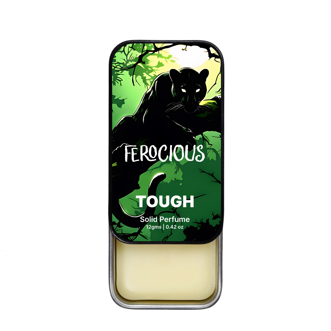 Tough solid perfume tin with 'Ferocious' branding