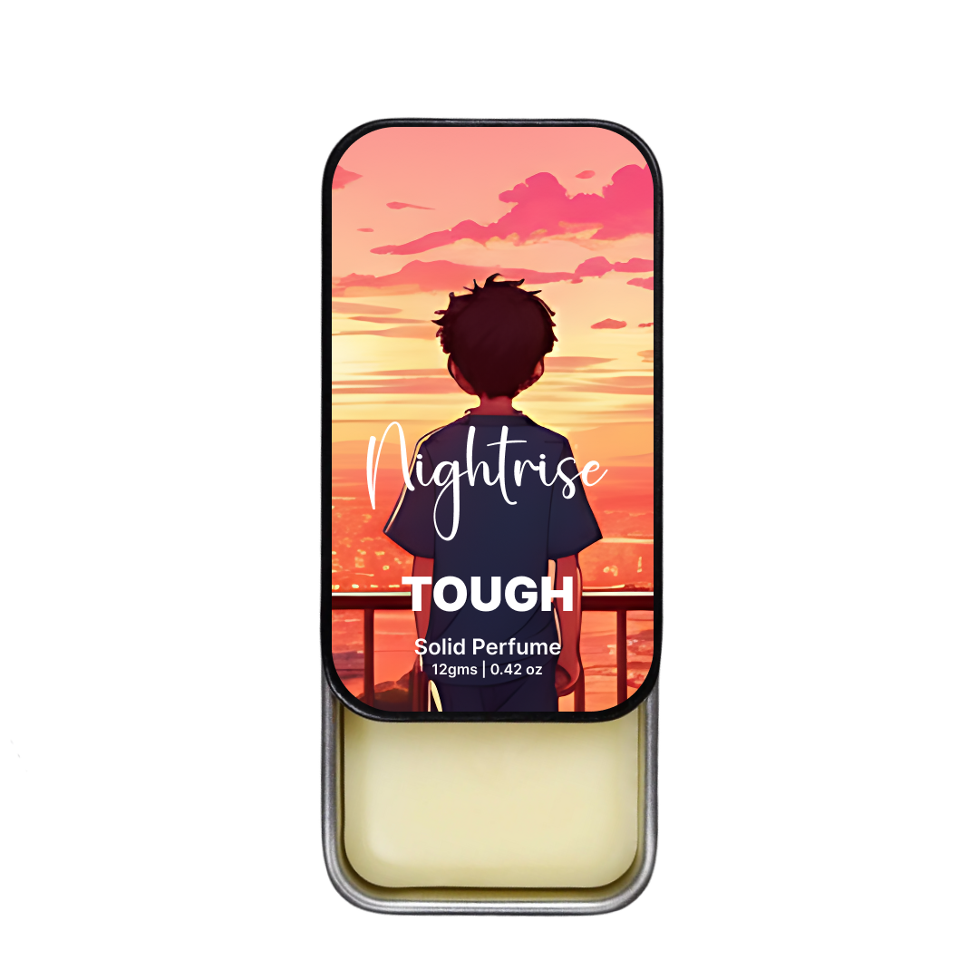 Tough solid perfume tin with 'Nightrise' branding