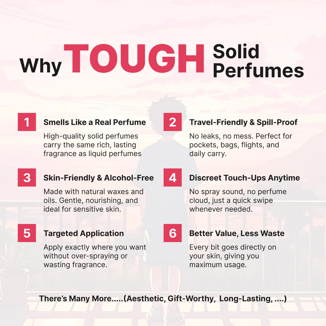 Nightrise Tough solid perfume tin with evening theme and sunset background