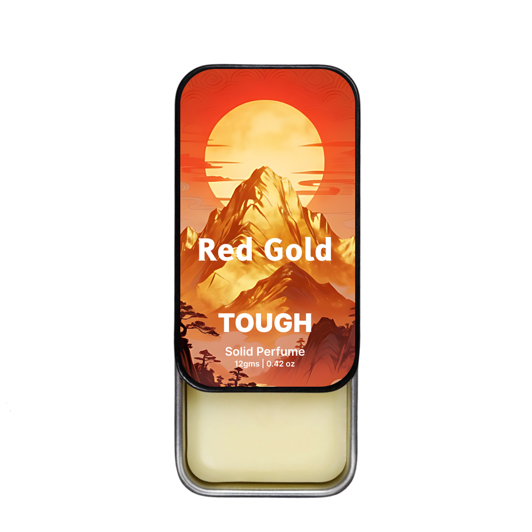 Tough solid perfume tin with 'red gold' branding