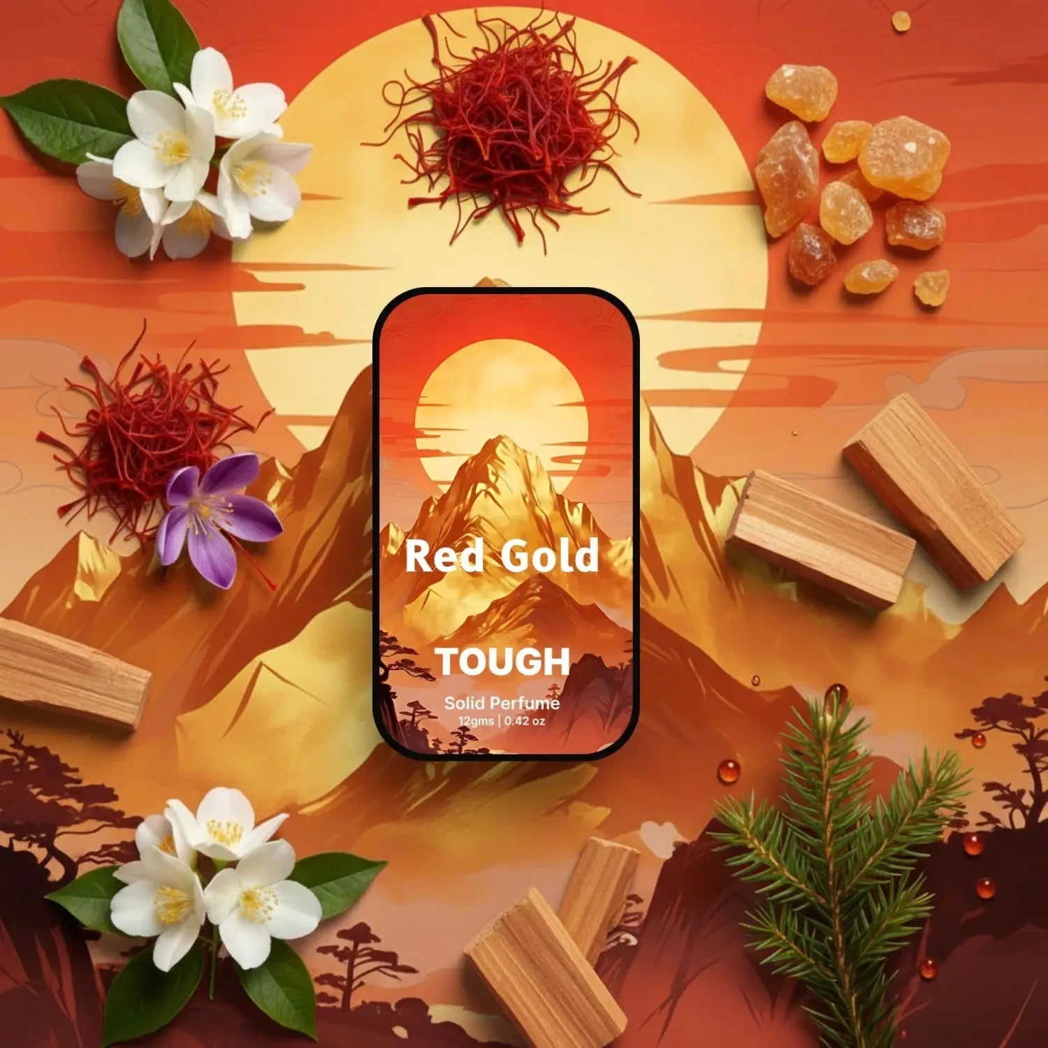 redgold tough solid perfume with 'Red Gold Tough' branding on a scenic background with natural elements. an scent notes