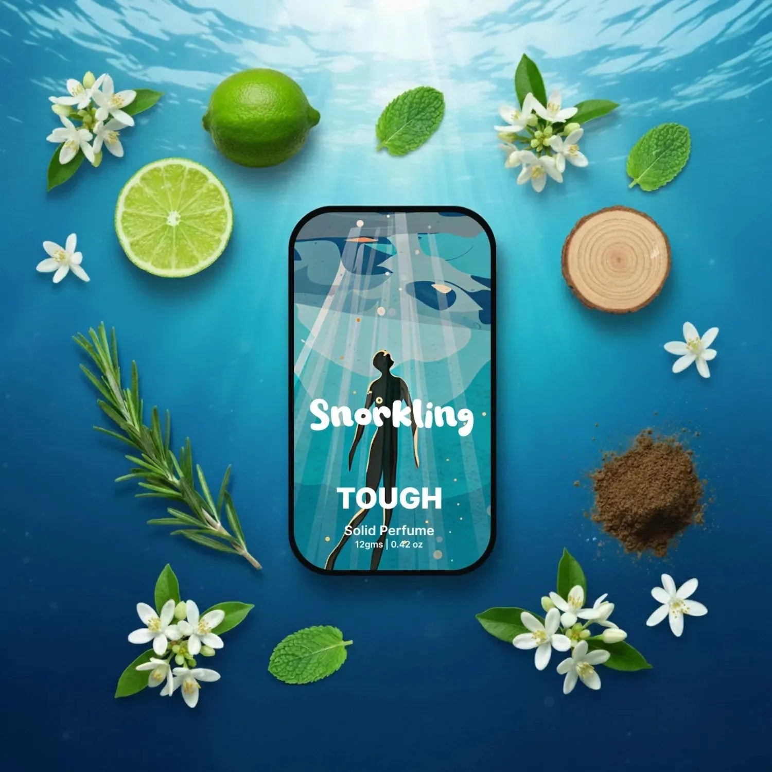 tough solid perfume tin with 'Snorkling' branding surrounded by limes, flowers, and a wooden log on a blue background